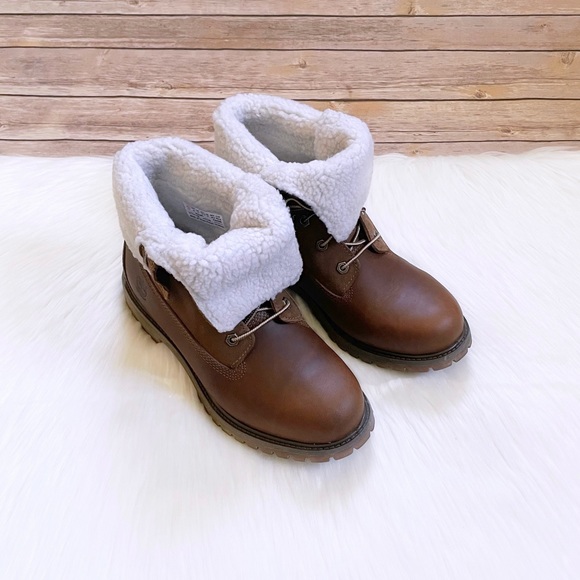 Timberland Women’s Authentics Teddy Fleece Waterproof Fold Down Brown Boot - Picture 5 of 9